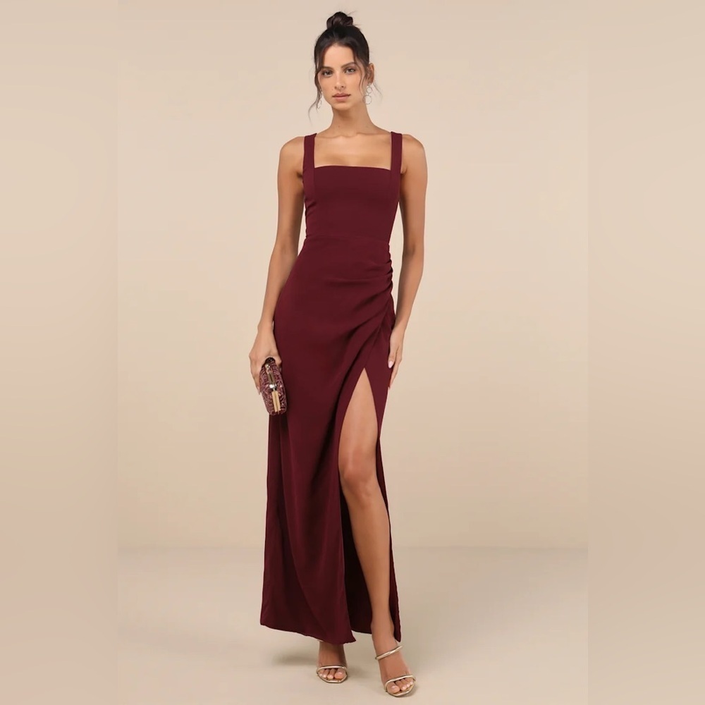 Lulus Glamorous Disposition Burgundy Ruched Maxi Dress